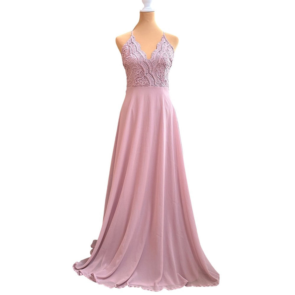 Lulus Elegant Pink Lace Bodice Halter Neck A Line Maxi Dress Prom Formal‎ Size S